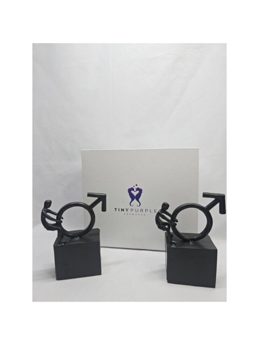 Tiny Purple Seahorse LGBTQIA+ Cast Iron Male With Symbols Book Ends- Set Of 2